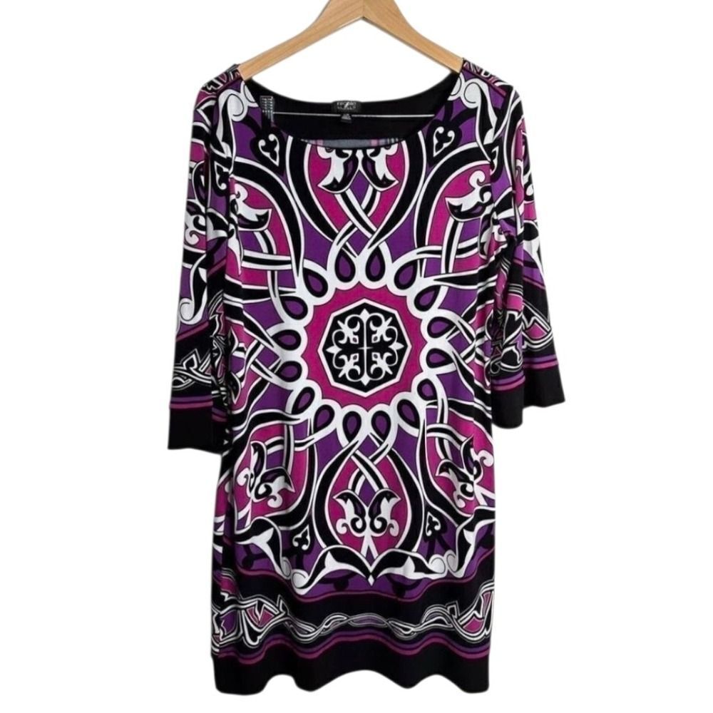 Nicole Miller Dress Size Large Purple Black‎ White Geometric Print 3/4 Sleeve